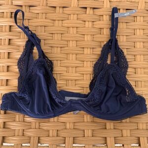 Aerie Navy Blue Lace Trim Unlined Underwire Triangle Bra 34A
